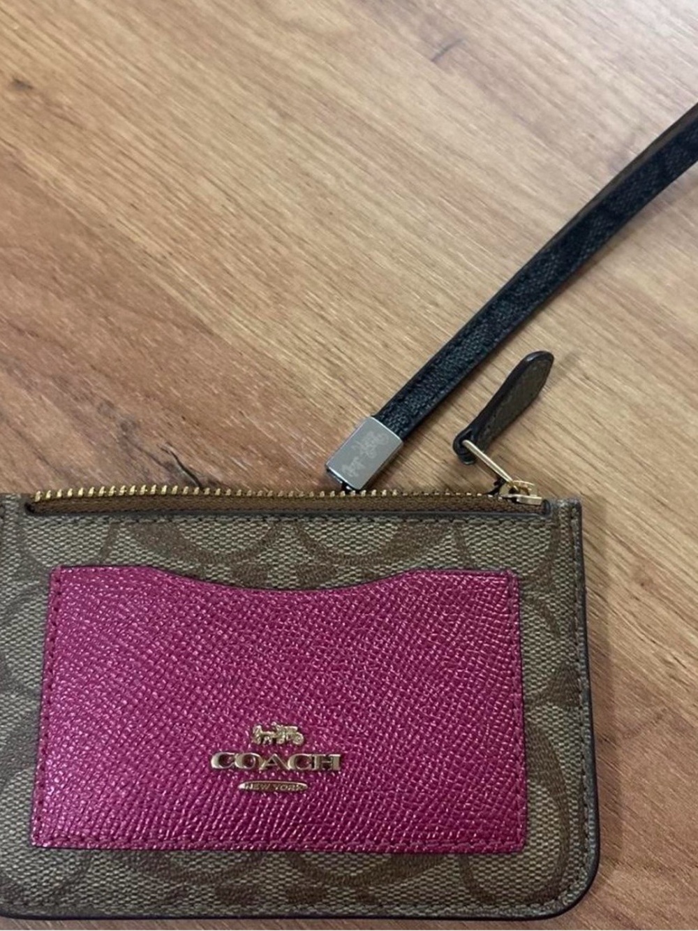 Coach Brown Signature Canvas Wristlet with Fuchsia Pocket